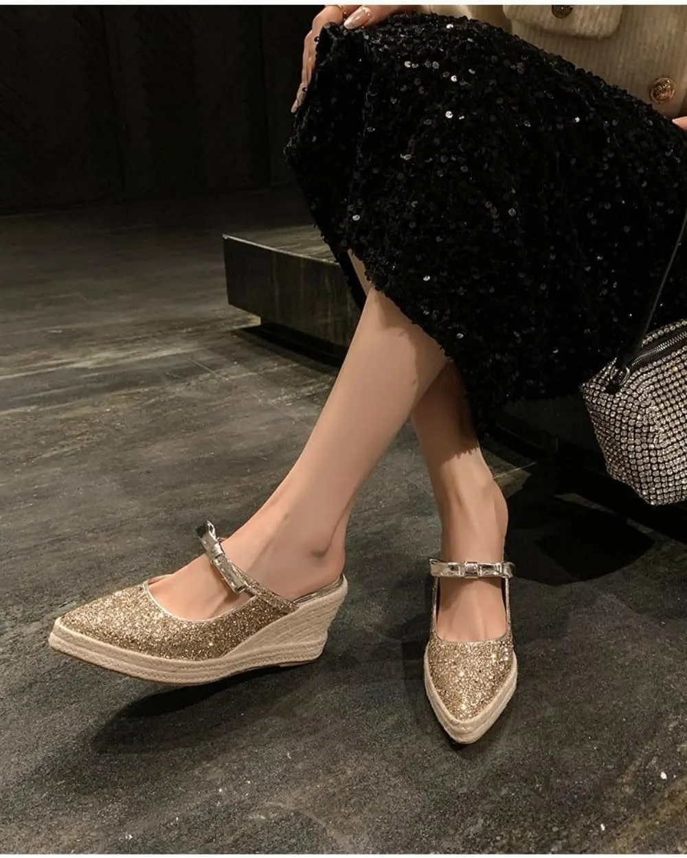 Mary Jane Espadrilles for Women Sparkly Platform Rattan Wedge Sandals Raffia Ballet Flats Backless Slippers Slip on Loafers Pointed Toes Lightweight Breathable Casual Dress Shoes Summer Beach Party