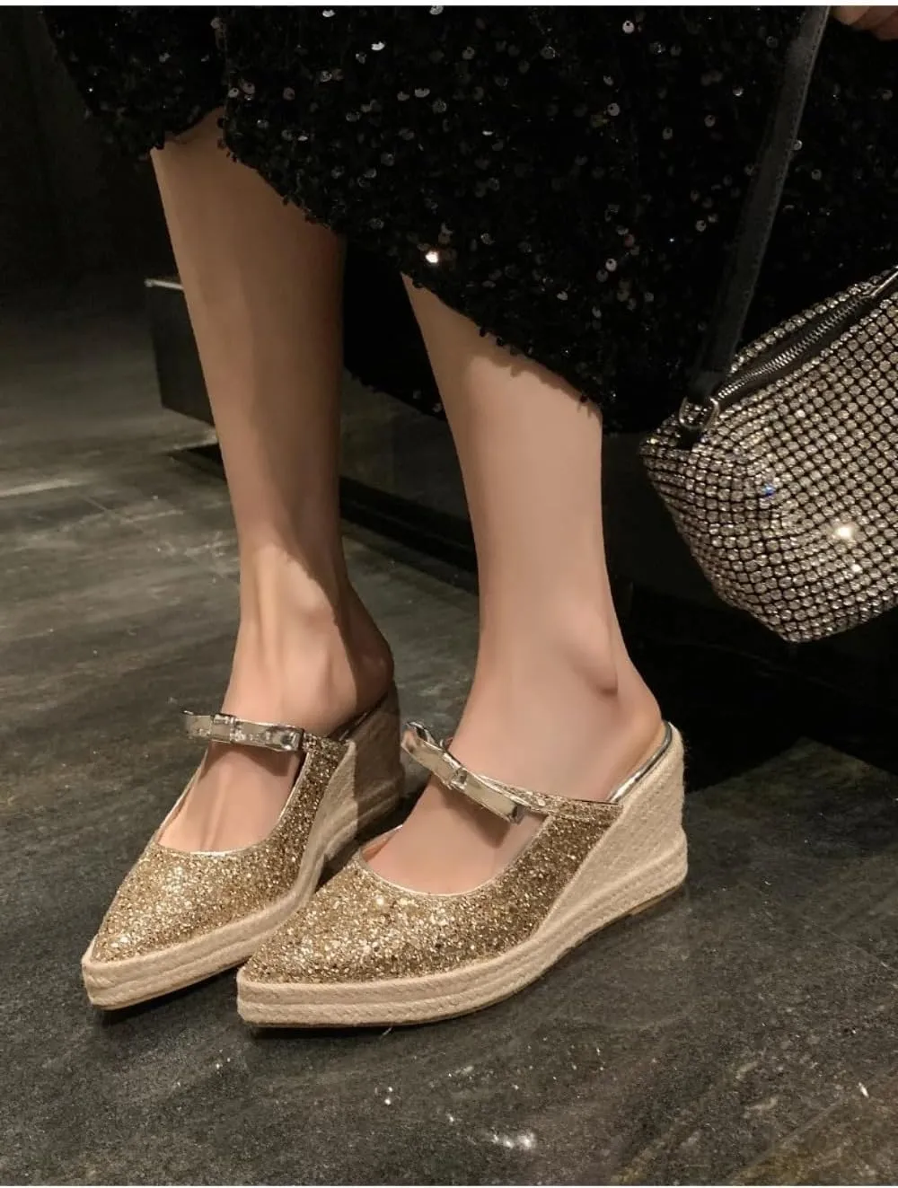 Mary Jane Espadrilles for Women Sparkly Platform Rattan Wedge Sandals Raffia Ballet Flats Backless Slippers Slip on Loafers Pointed Toes Lightweight Breathable Casual Dress Shoes Summer Beach Party