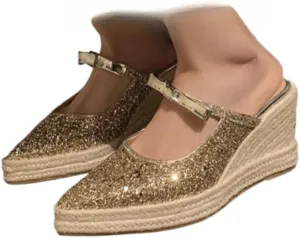 Mary Jane Espadrilles for Women Sparkly Platform Rattan Wedge Sandals Raffia Ballet Flats Backless Slippers Slip on Loafers Pointed Toes Lightweight Breathable Casual Dress Shoes Summer Beach Party