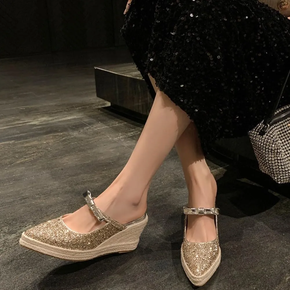 Mary Jane Espadrilles for Women Sparkly Platform Rattan Wedge Sandals Raffia Ballet Flats Backless Slippers Slip on Loafers Pointed Toes Lightweight Breathable Casual Dress Shoes Summer Beach Party
