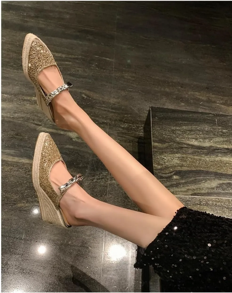 Mary Jane Espadrilles for Women Sparkly Platform Rattan Wedge Sandals Raffia Ballet Flats Backless Slippers Slip on Loafers Pointed Toes Lightweight Breathable Casual Dress Shoes Summer Beach Party