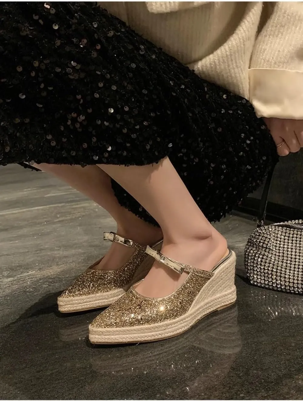 Mary Jane Espadrilles for Women Sparkly Platform Rattan Wedge Sandals Raffia Ballet Flats Backless Slippers Slip on Loafers Pointed Toes Lightweight Breathable Casual Dress Shoes Summer Beach Party