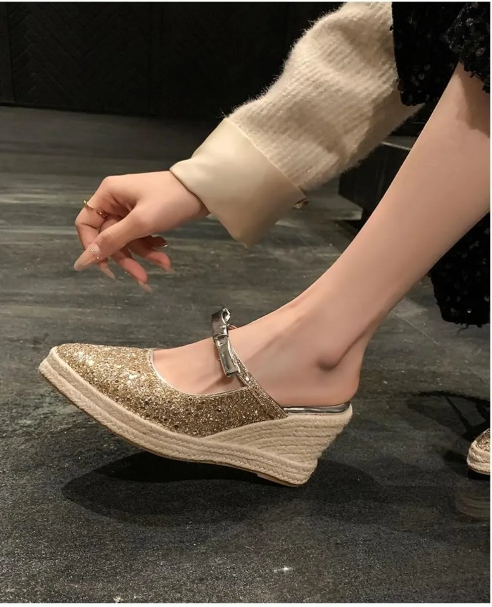 Mary Jane Espadrilles for Women Sparkly Platform Rattan Wedge Sandals Raffia Ballet Flats Backless Slippers Slip on Loafers Pointed Toes Lightweight Breathable Casual Dress Shoes Summer Beach Party