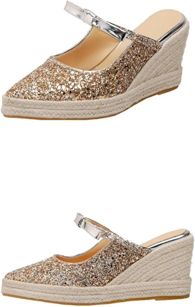 Mary Jane Espadrilles for Women Sparkly Platform Rattan Wedge Sandals Raffia Ballet Flats Backless Slippers Slip on Loafers Pointed Toes Lightweight Breathable Casual Dress Shoes Summer Beach Party