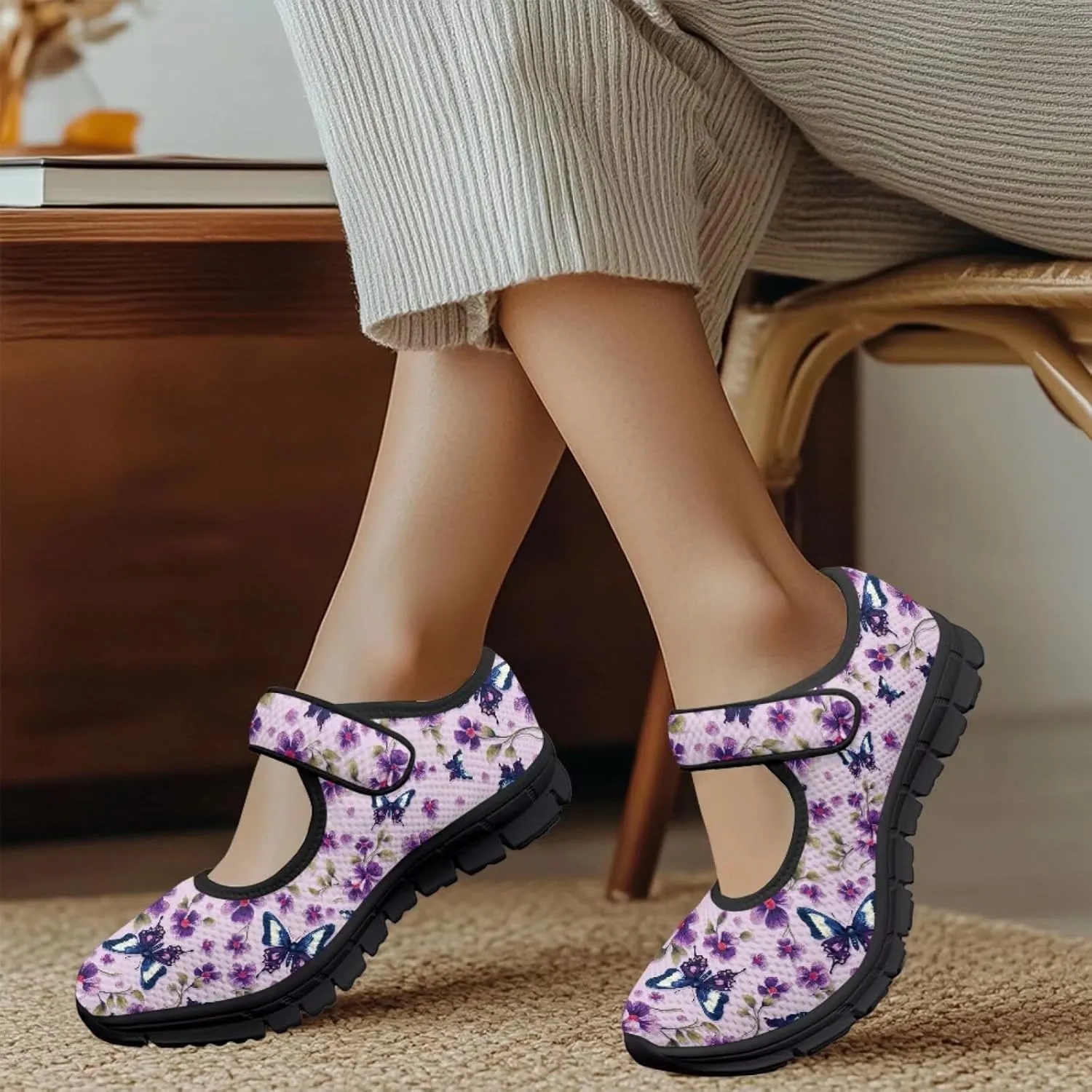 Mary Jane Sneakers Women's Walking Shoes Stylish Lady Breathable Adjustable Working Flat Shoes