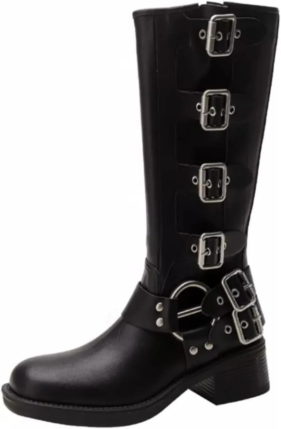 MAVMAX Women's Zipper Knee High Moto Boots Round Toe Motorcycle Boots Chunky Low Heel Biker Booties Buckle Long Riding Boot