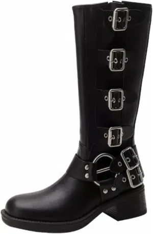 MAVMAX Women's Zipper Knee High Moto Boots Round Toe Motorcycle Boots Chunky Low Heel Biker Booties Buckle Long Riding Boot