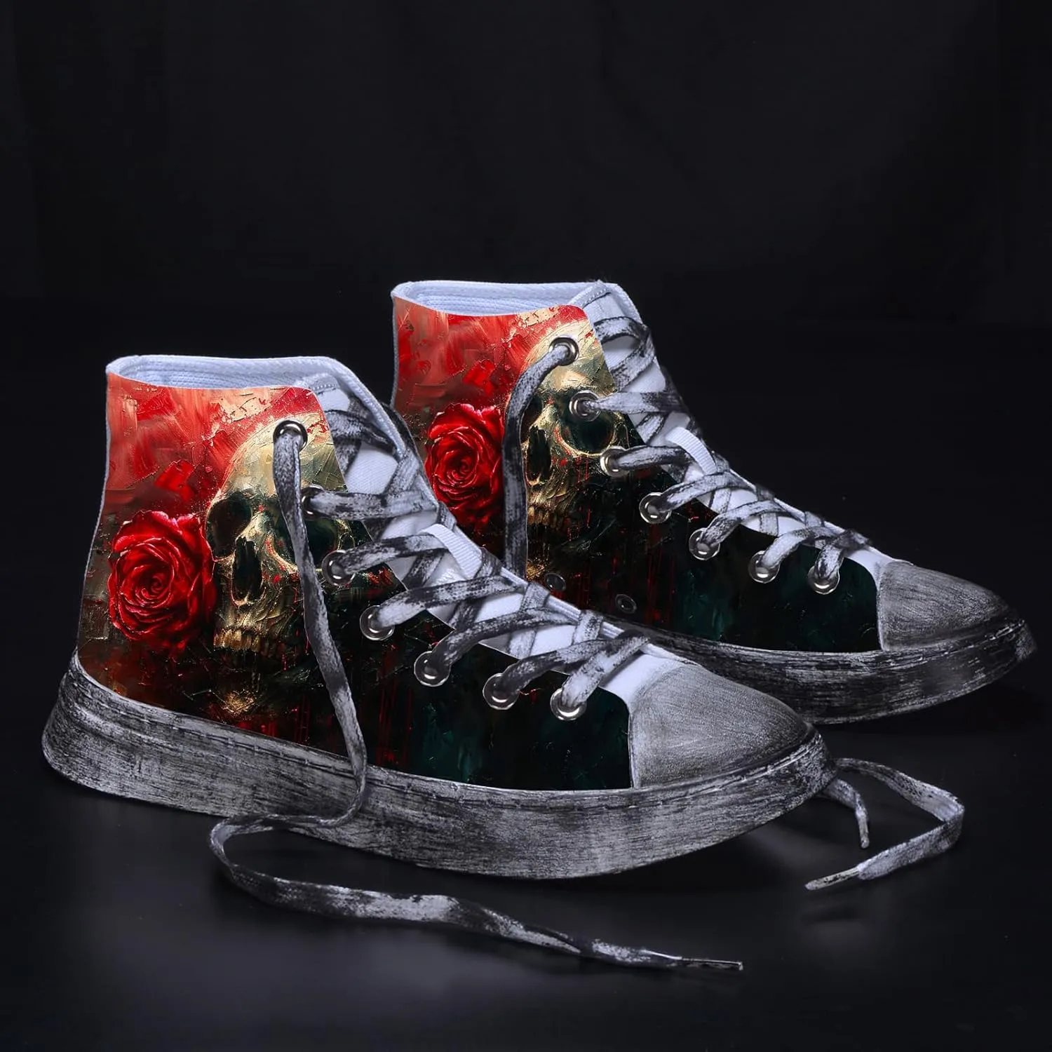 Men Skull Shoes High Tops Cool Design Punk Graffiti Gothic Fashion Sneakers for Teen Boys Student Cosplay Canvas Shoes Classic Black Walking Shoes Lace Up Streetwear