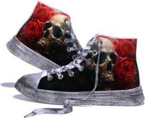 Men Skull Shoes High Tops Cool Design Punk Graffiti Gothic Fashion Sneakers for Teen Boys Student Cosplay Canvas Shoes Classic Black Walking Shoes Lace Up Streetwear
