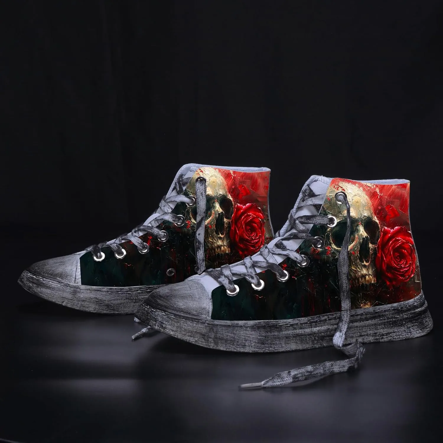 Men Skull Shoes High Tops Cool Design Punk Graffiti Gothic Fashion Sneakers for Teen Boys Student Cosplay Canvas Shoes Classic Black Walking Shoes Lace Up Streetwear