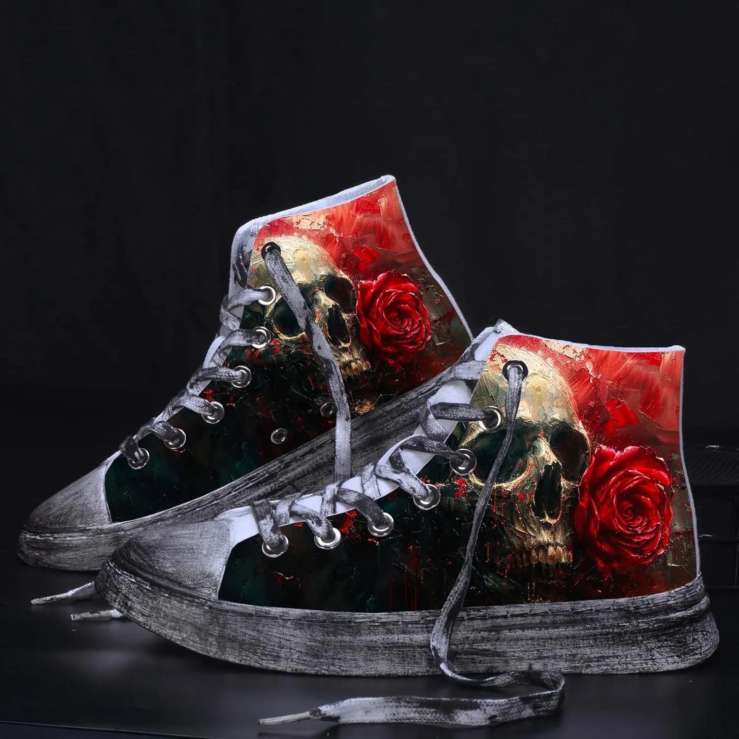 Men Skull Shoes High Tops Cool Design Punk Graffiti Gothic Fashion Sneakers for Teen Boys Student Cosplay Canvas Shoes Classic Black Walking Shoes Lace Up Streetwear