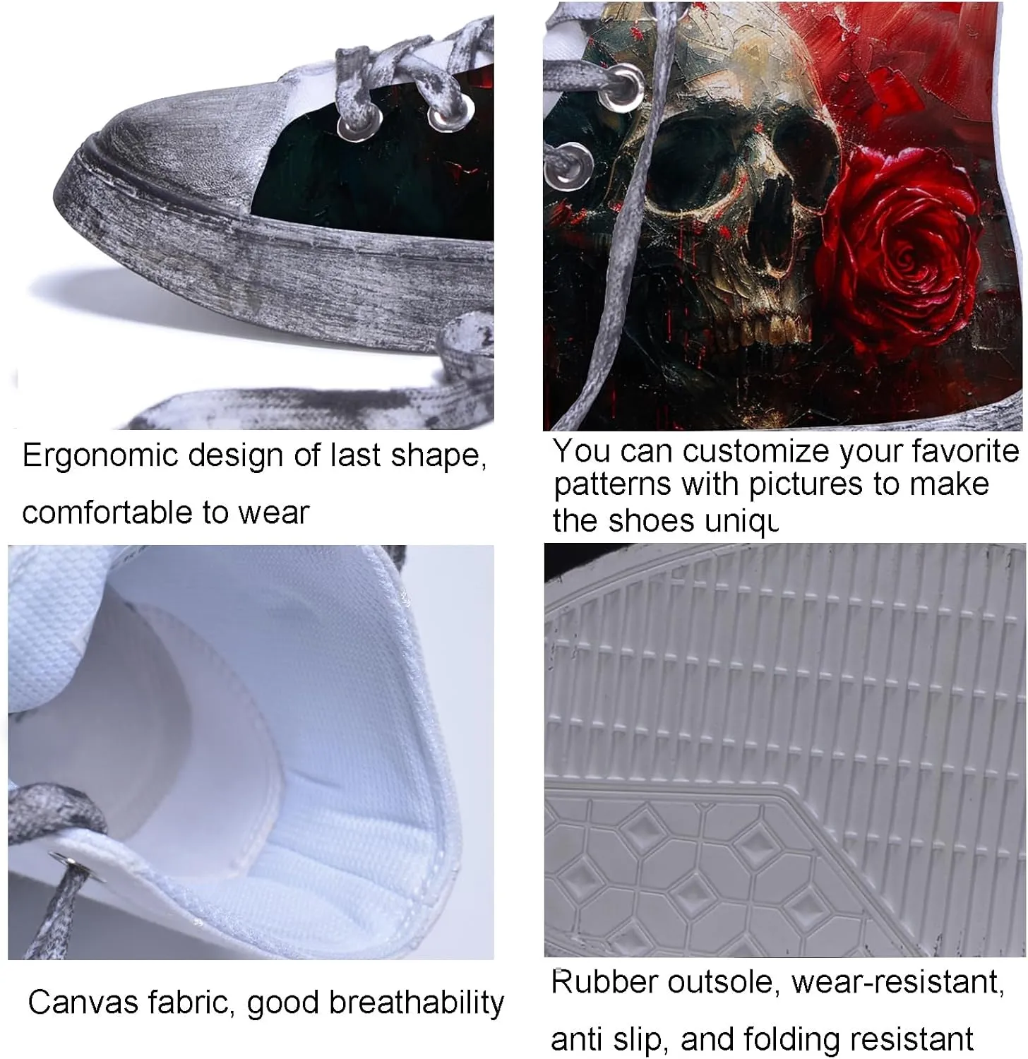 Men Skull Shoes High Tops Cool Design Punk Graffiti Gothic Fashion Sneakers for Teen Boys Student Cosplay Canvas Shoes Classic Black Walking Shoes Lace Up Streetwear