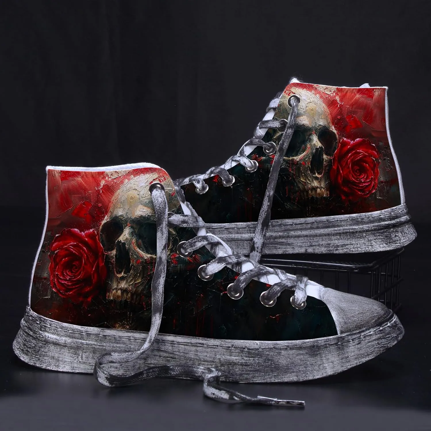 Men Skull Shoes High Tops Cool Design Punk Graffiti Gothic Fashion Sneakers for Teen Boys Student Cosplay Canvas Shoes Classic Black Walking Shoes Lace Up Streetwear