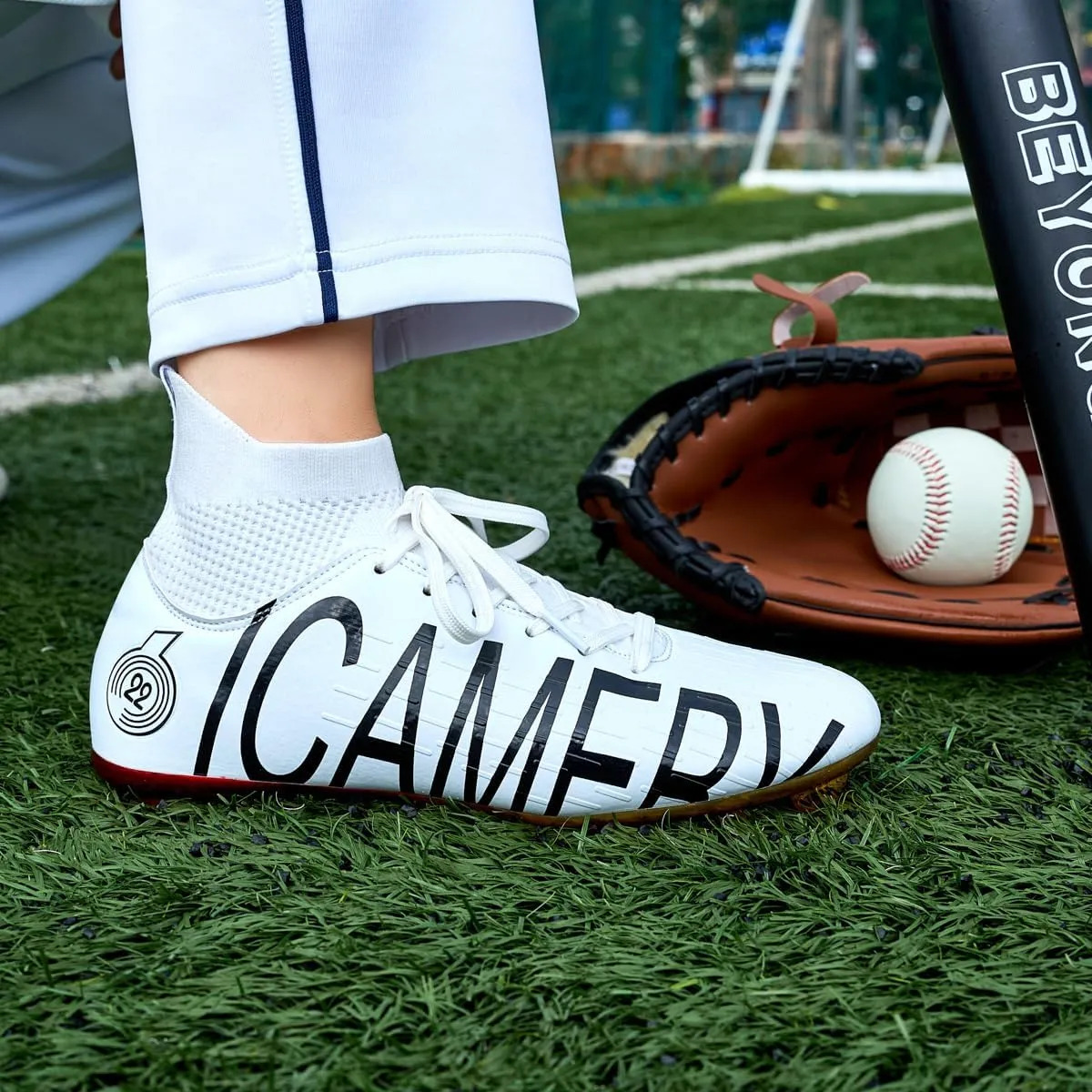 Men's Baseball Shoes Black White Outdoor High-Tops Lace-Up Non-Slip Spikes Baseball Turf Shoes for Men Competition/Training Combat Boots Baseball Sneakers