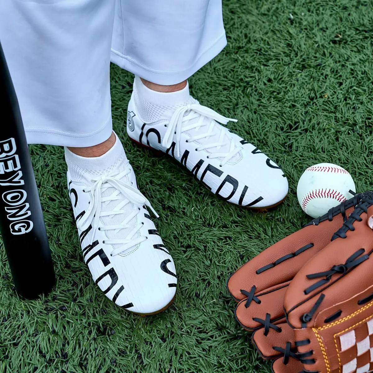 Men's Baseball Shoes Black White Outdoor High-Tops Lace-Up Non-Slip Spikes Baseball Turf Shoes for Men Competition/Training Combat Boots Baseball Sneakers