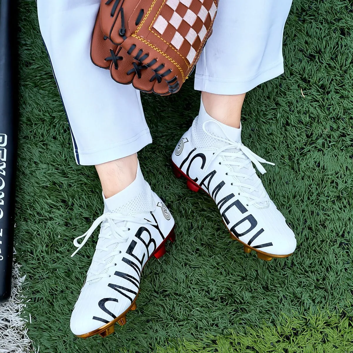 Men's Baseball Shoes Black White Outdoor High-Tops Lace-Up Non-Slip Spikes Baseball Turf Shoes for Men Competition/Training Combat Boots Baseball Sneakers