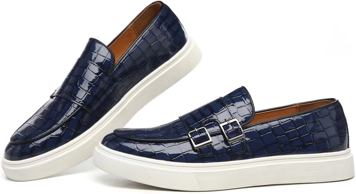 Men's Buckle Strap Loafers Crocodile Pattern Patent Leather Formal Casual Chunky Dress Shoes for Business Work Outdoor Dating Prom