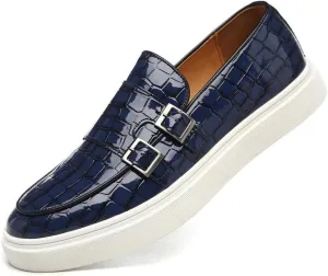 Men's Buckle Strap Loafers Crocodile Pattern Patent Leather Formal Casual Chunky Dress Shoes for Business Work Outdoor Dating Prom