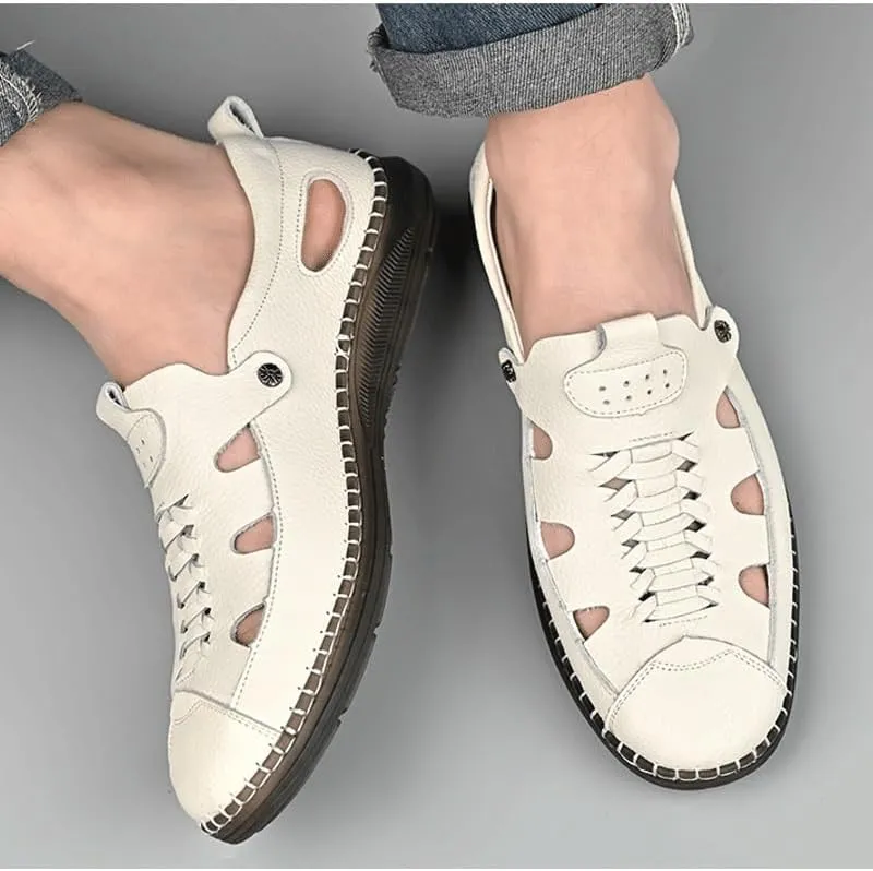 Men's Cutout Mesh Handmade Flat Casual Loafers Slip-on Casual Walking Shoes for Men Mens Genuine Leather Shoes for Driving Walking Wedding Outdoor Indoor Size