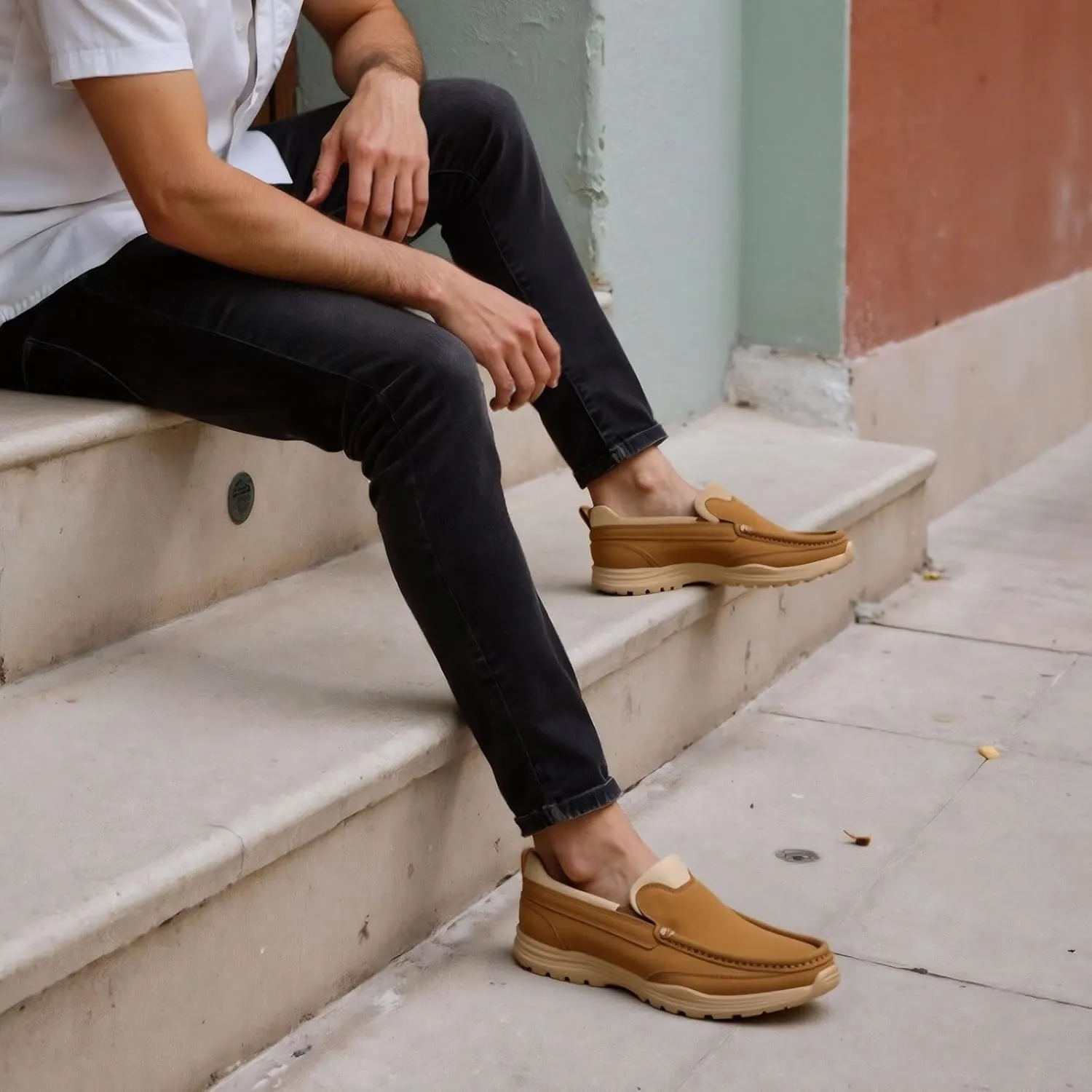 Men's Hands Free Slip On Leather Loafers Casual Walking Shoes with Breathable Comfort