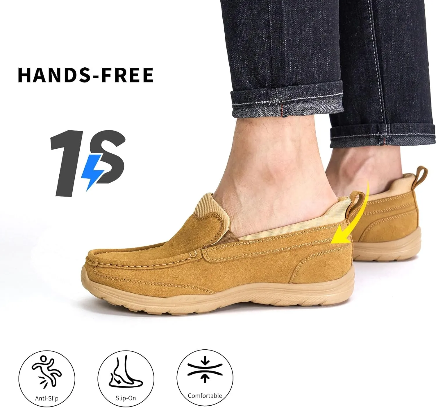 Men's Hands Free Slip On Leather Loafers Casual Walking Shoes with Breathable Comfort