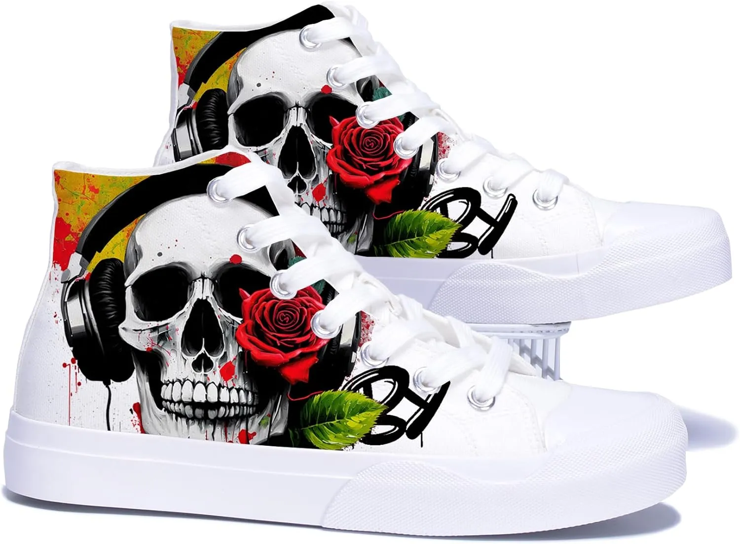 Mens High Top Canvas Sneakers Skull and Rose Print White Lace up Classic Casual Women Walking Shoes