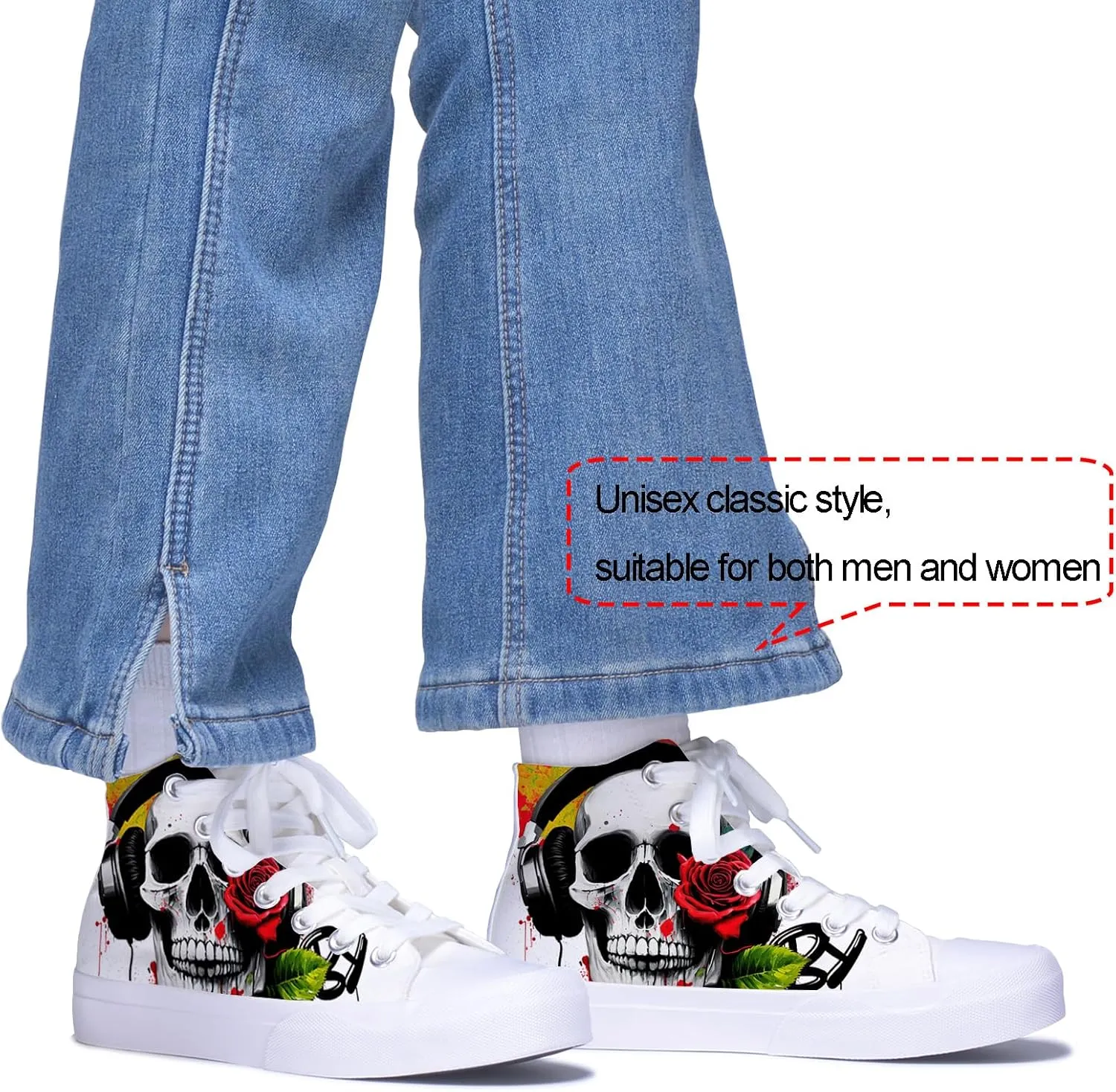 Mens High Top Canvas Sneakers Skull and Rose Print White Lace up Classic Casual Women Walking Shoes