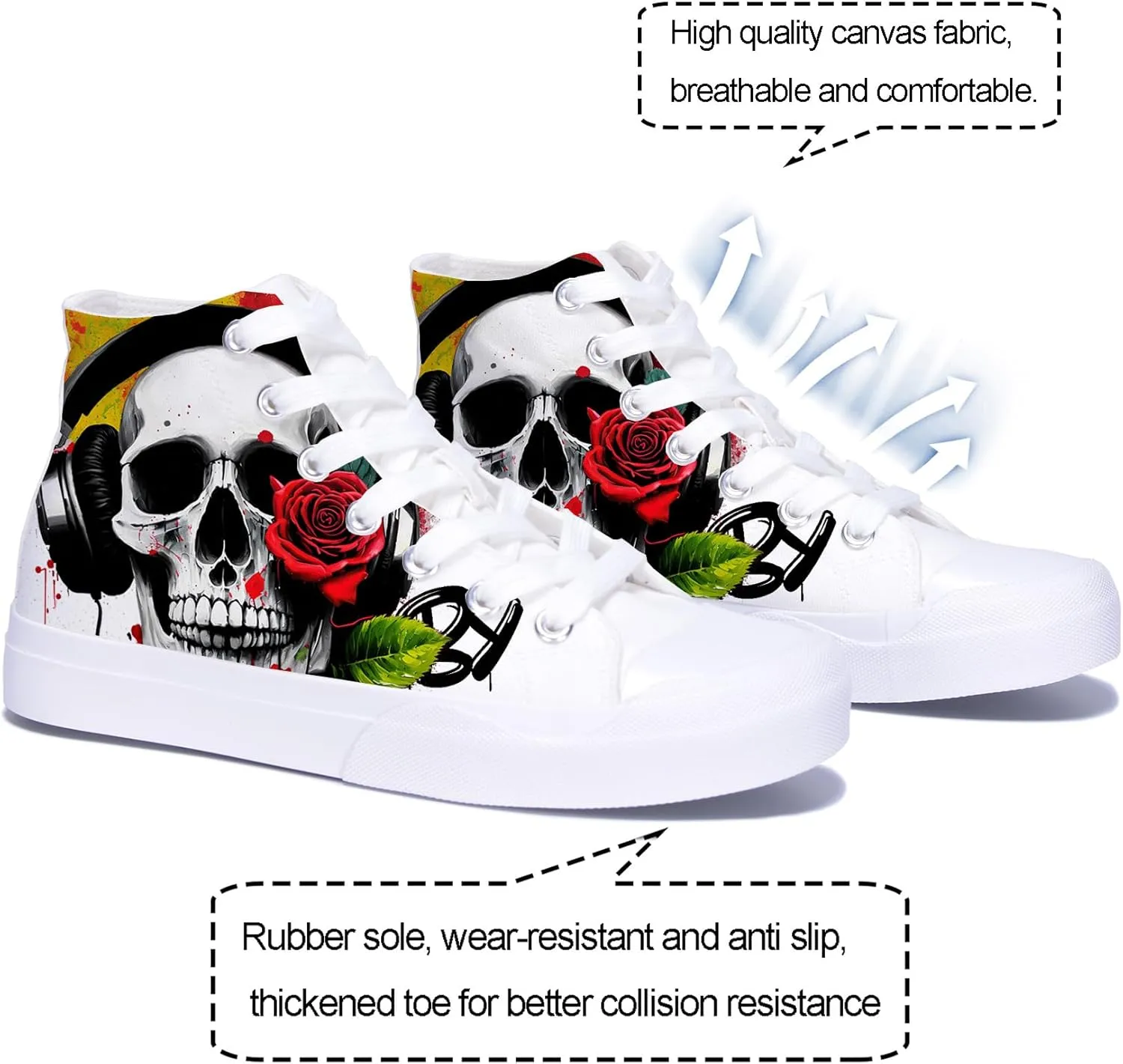 Mens High Top Canvas Sneakers Skull and Rose Print White Lace up Classic Casual Women Walking Shoes