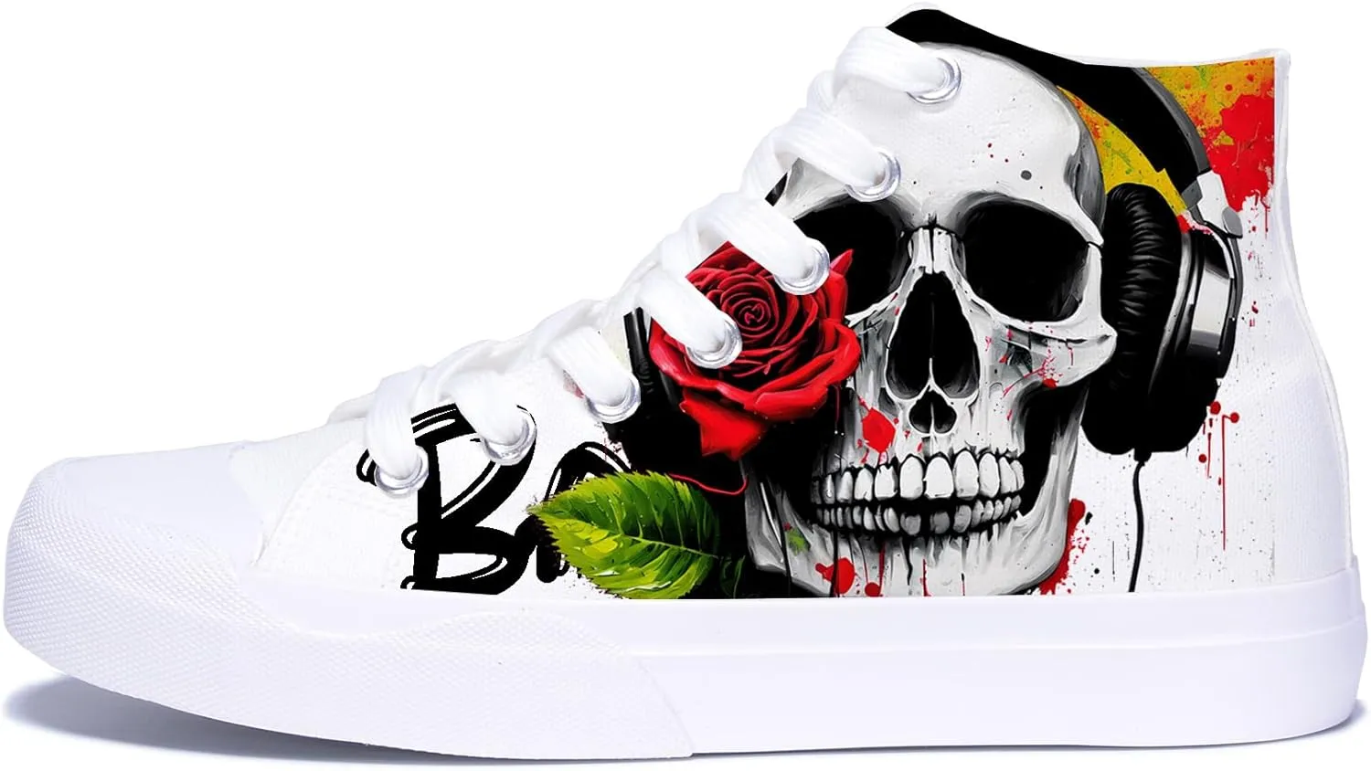 Mens High Top Canvas Sneakers Skull and Rose Print White Lace up Classic Casual Women Walking Shoes