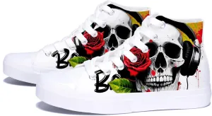 Mens High Top Canvas Sneakers Skull and Rose Print White Lace up Classic Casual Women Walking Shoes