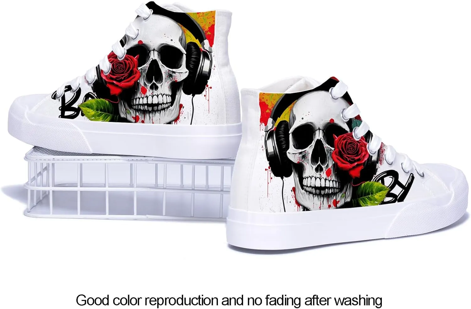 Mens High Top Canvas Sneakers Skull and Rose Print White Lace up Classic Casual Women Walking Shoes