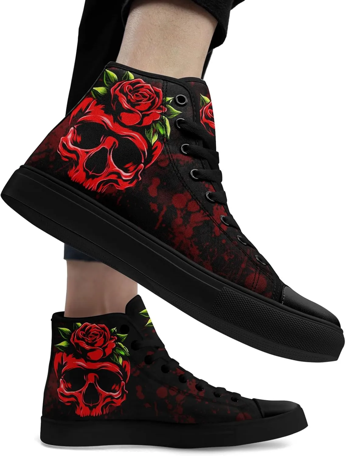 Mens High Top Sneakers Lace-Up Gothic Designed Casual Steet Canvas Shoes for Women Red and Black Skull Shoes