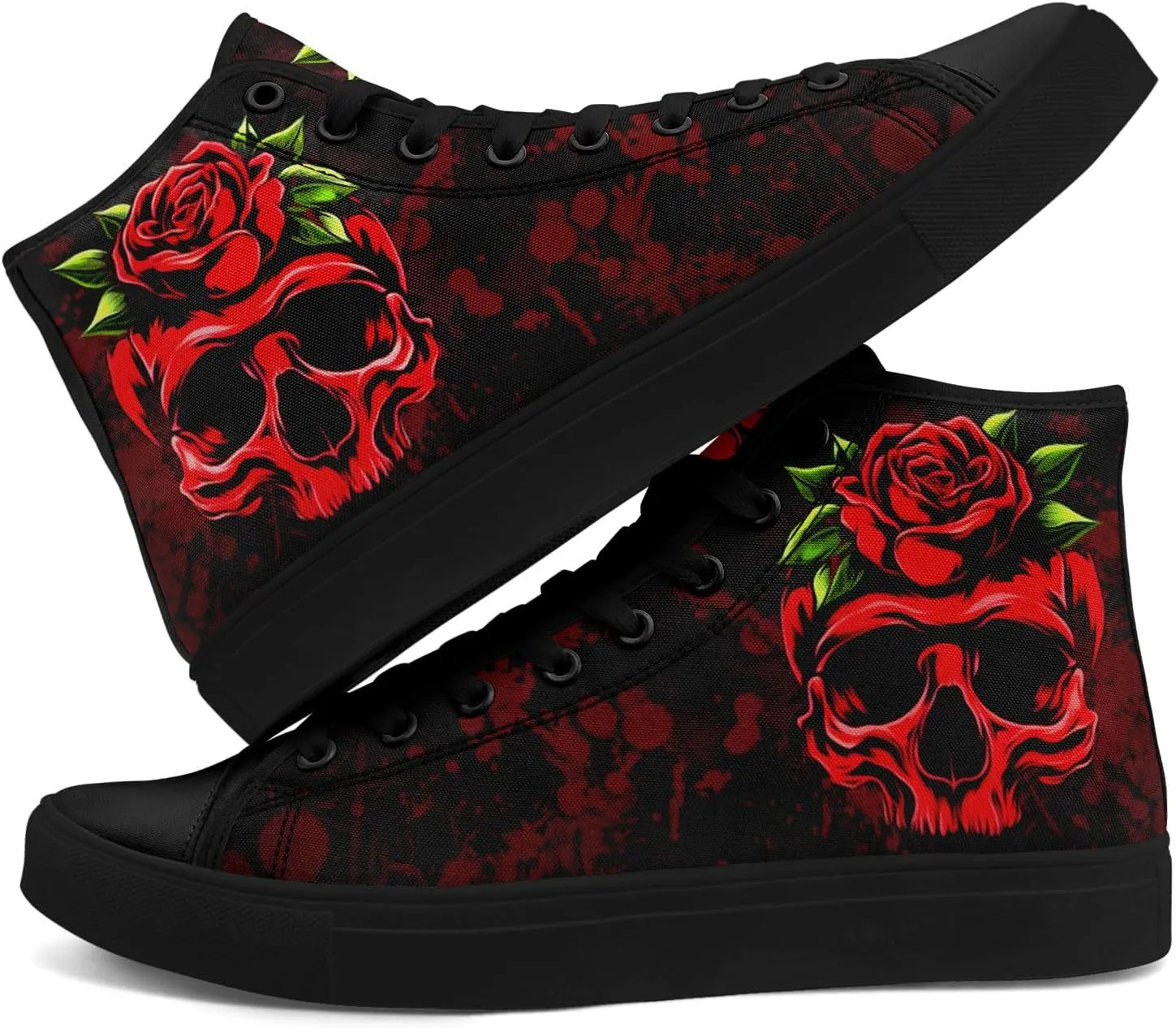 Mens High Top Sneakers Lace-Up Gothic Designed Casual Steet Canvas Shoes for Women Red and Black Skull Shoes
