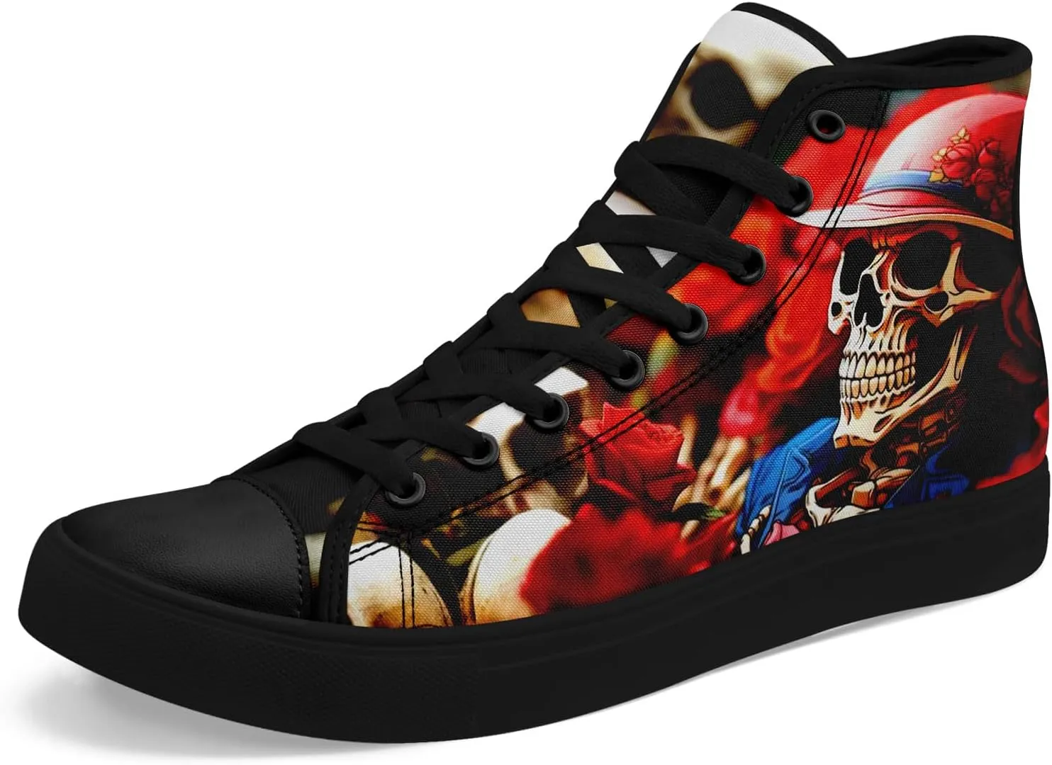 Mens High Top Sneakers Lace-Up Gothic Designed Casual Steet Canvas Shoes for Women Red and Black Skull Shoes