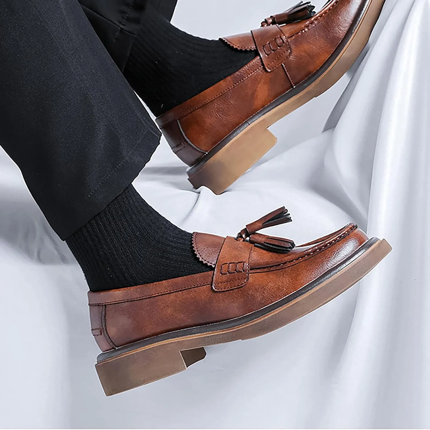 Men's Leather Tassel Loafers Shoes - Platform Penny Slip-On Dress Shoes with Round Toe, Non-Slip Sole for Business Office Work