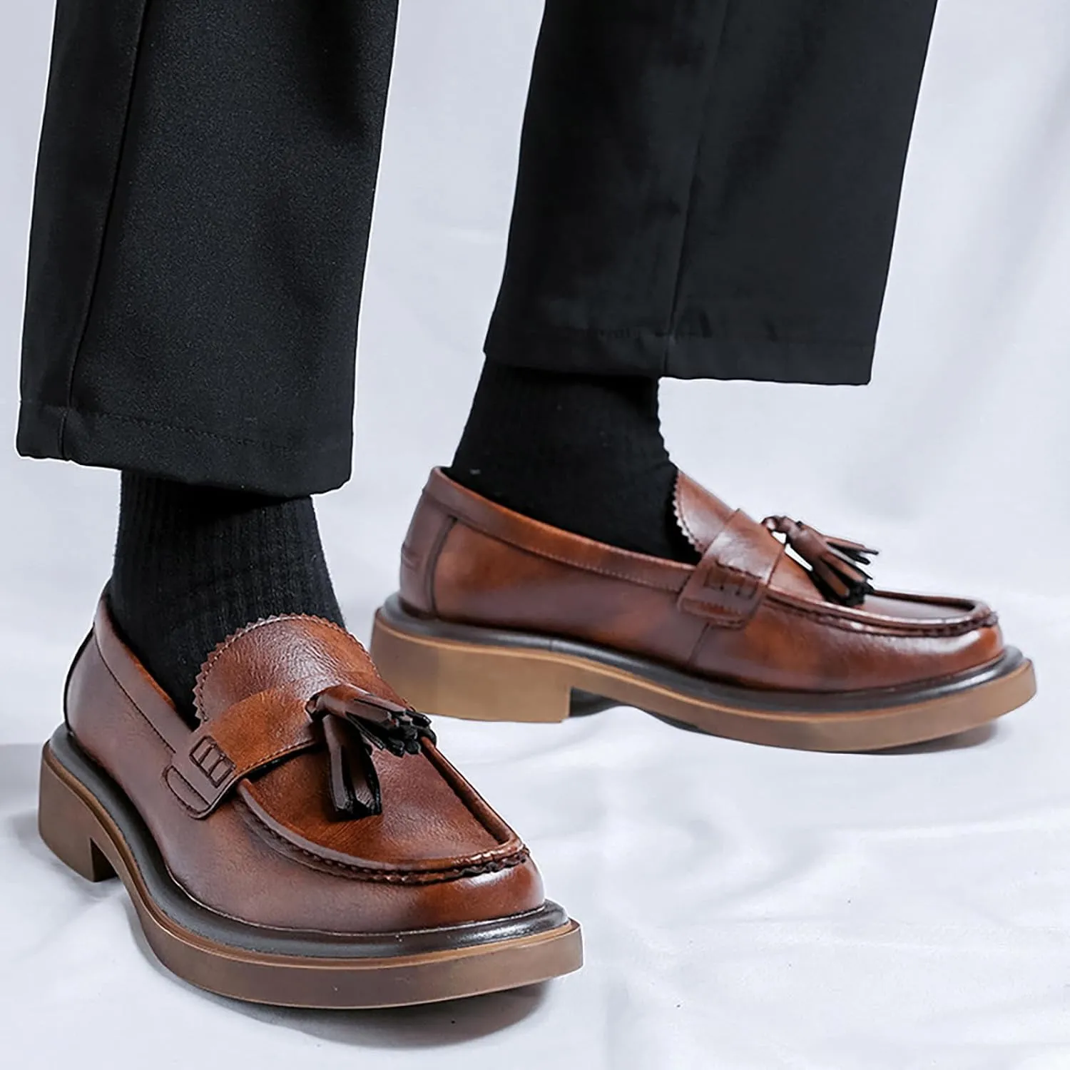 Men's Leather Tassel Loafers Shoes - Platform Penny Slip-On Dress Shoes with Round Toe, Non-Slip Sole for Business Office Work
