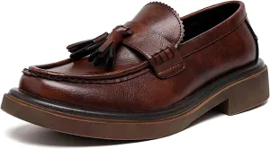 Men's Leather Tassel Loafers Shoes - Platform Penny Slip-On Dress Shoes with Round Toe, Non-Slip Sole for Business Office Work