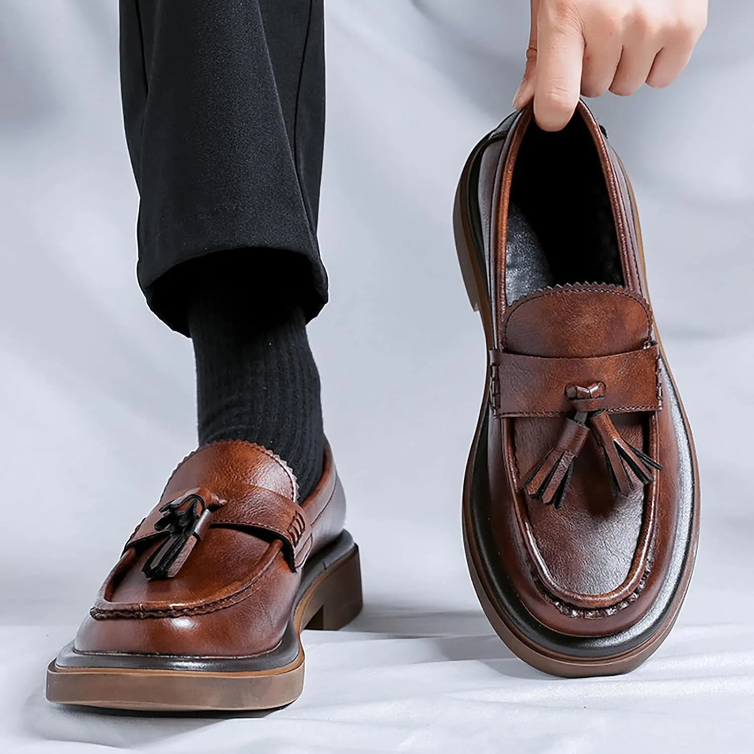 Men's Leather Tassel Loafers Shoes - Platform Penny Slip-On Dress Shoes with Round Toe, Non-Slip Sole for Business Office Work