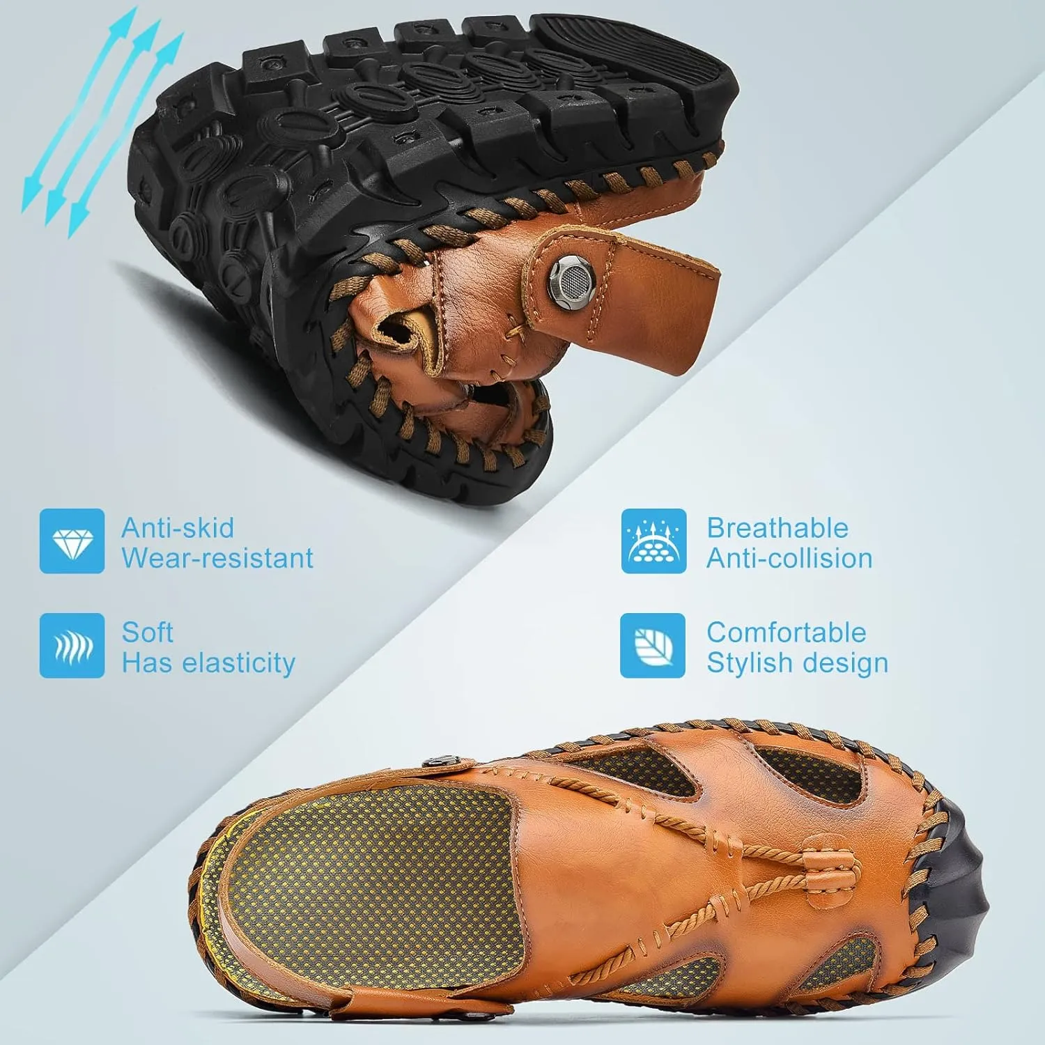 Mens Sandals Leather Closed Toe Outdoor Summer Anti-Slip Beach Sandals