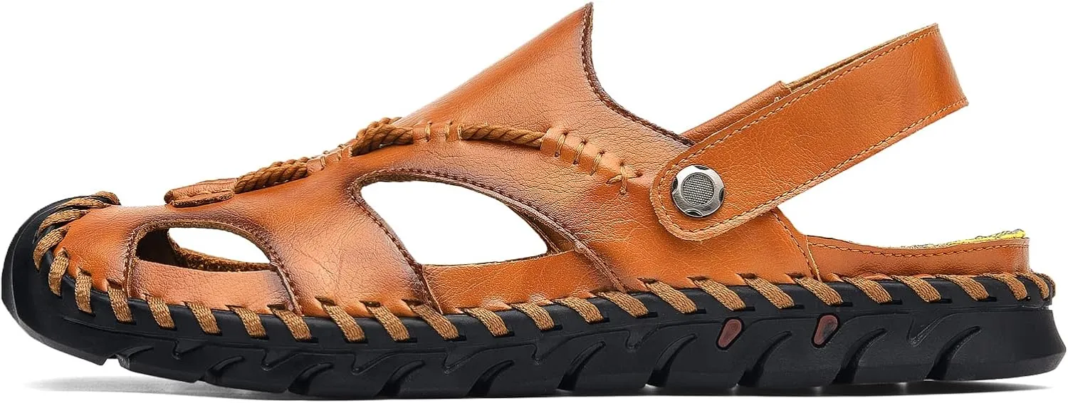 Mens Sandals Leather Closed Toe Outdoor Summer Anti-Slip Beach Sandals
