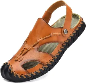 Mens Sandals Leather Closed Toe Outdoor Summer Anti-Slip Beach Sandals