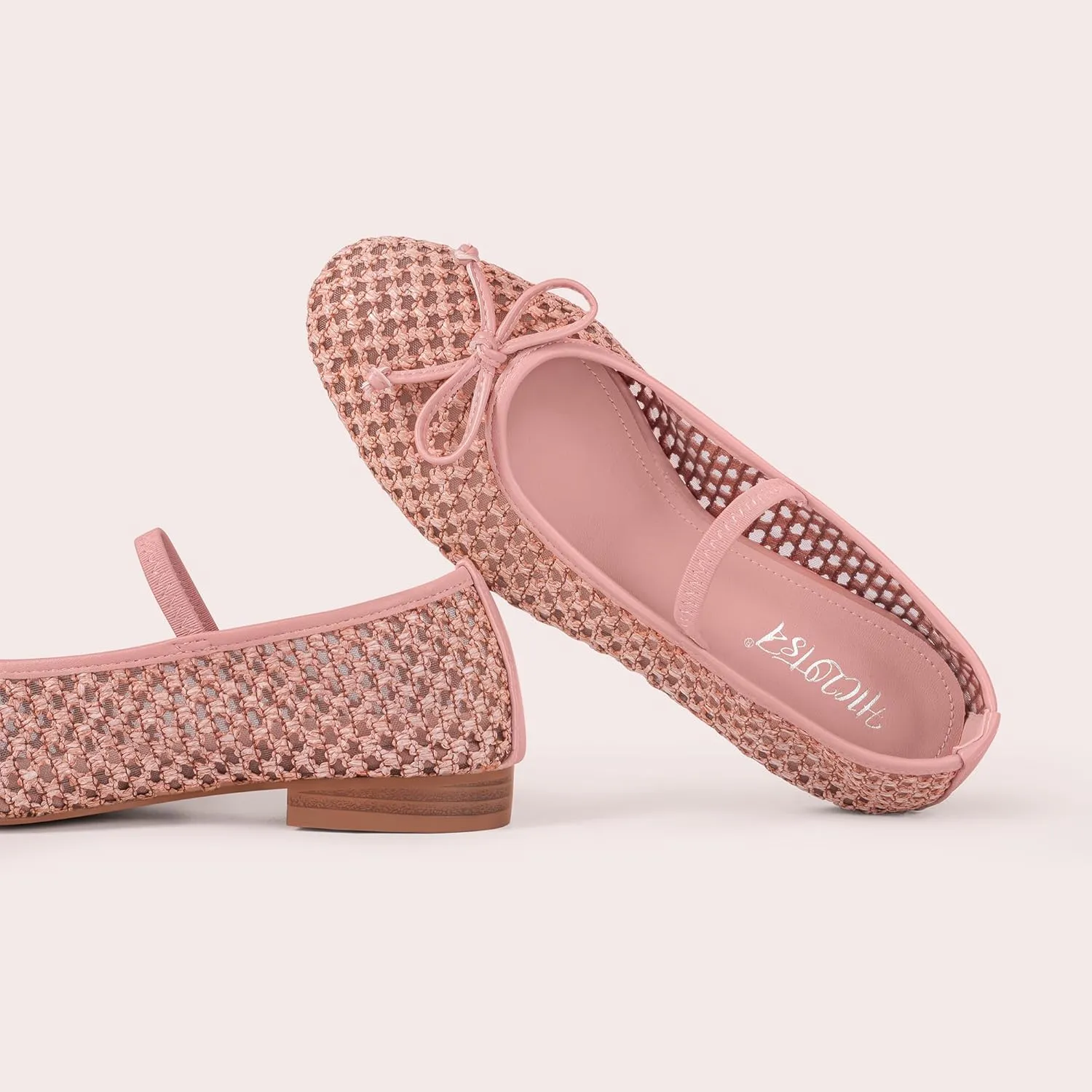 Mesh Ballet Flats for Women Woven Raffia Round Toe with Bow Ballerina Flats Mary Jane Slip On Ladies Casual Strap Dress Shoes