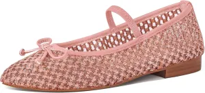 Mesh Ballet Flats for Women Woven Raffia Round Toe with Bow Ballerina Flats Mary Jane Slip On Ladies Casual Strap Dress Shoes