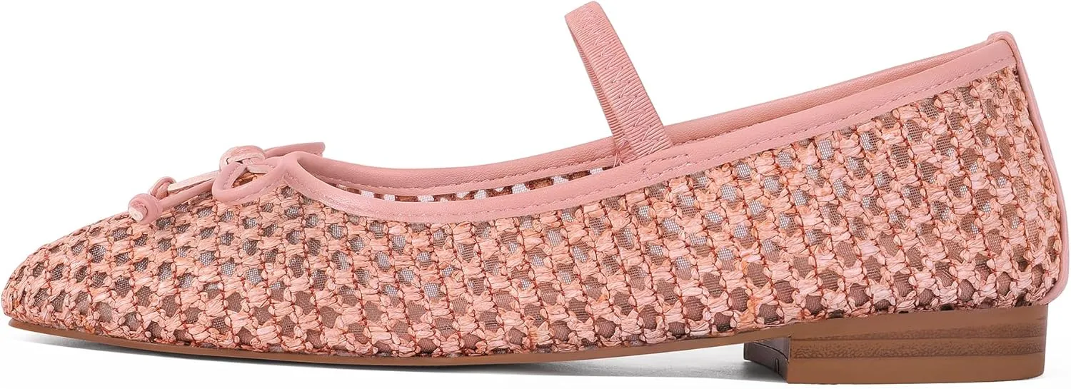 Mesh Ballet Flats for Women Woven Raffia Round Toe with Bow Ballerina Flats Mary Jane Slip On Ladies Casual Strap Dress Shoes