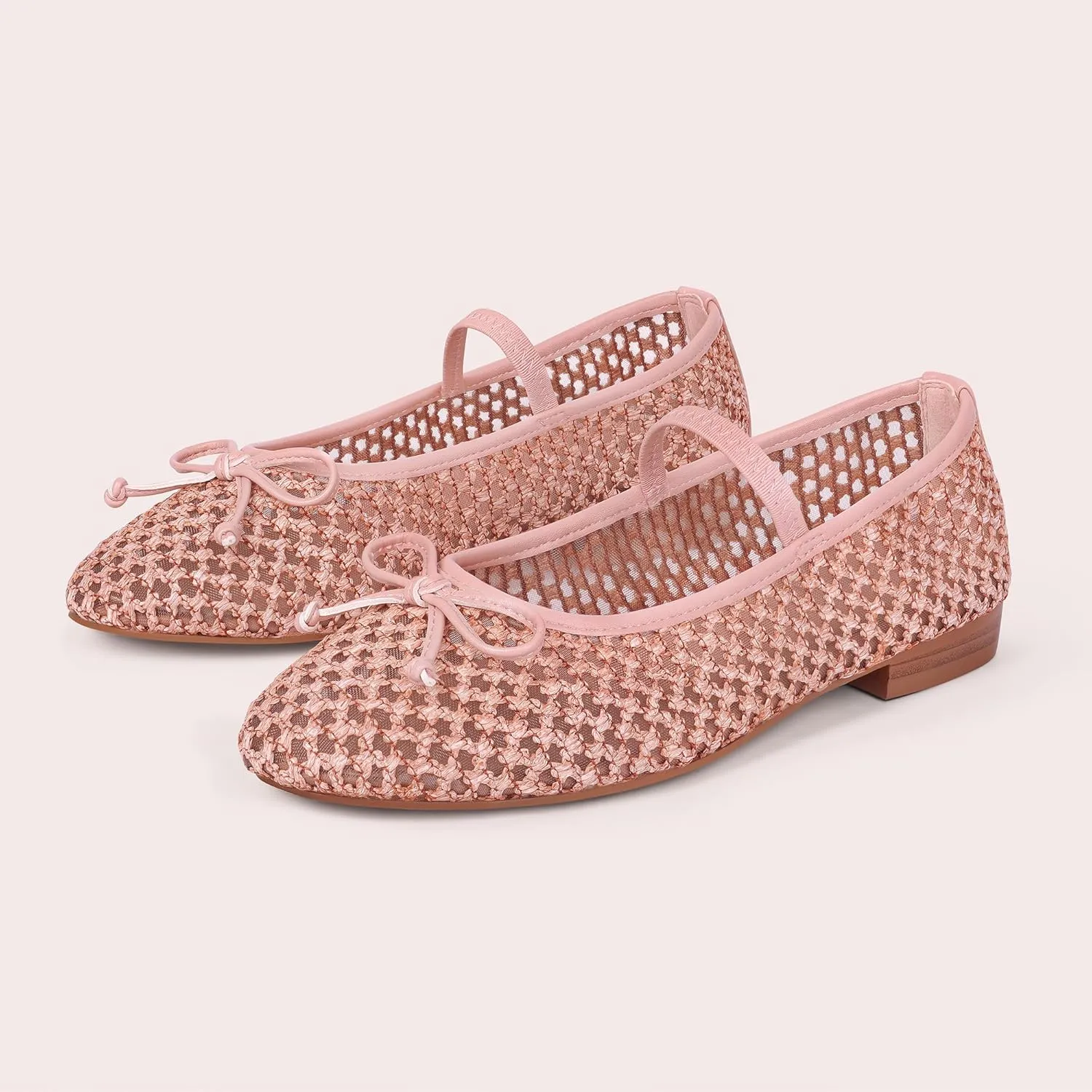 Mesh Ballet Flats for Women Woven Raffia Round Toe with Bow Ballerina Flats Mary Jane Slip On Ladies Casual Strap Dress Shoes
