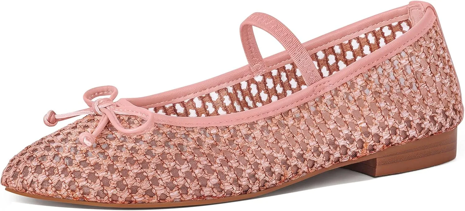 Mesh Ballet Flats for Women Woven Raffia Round Toe with Bow Ballerina Flats Mary Jane Slip On Ladies Casual Strap Dress Shoes