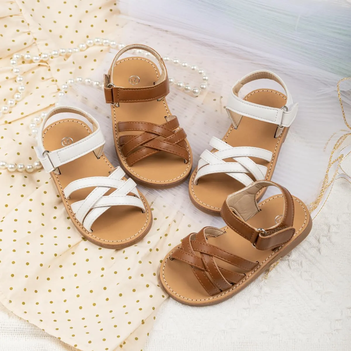 Miamooi Toddler Girls Summer Sandals Little Kid Open Toe Princess Dress Flats Sandals PU Leather Rubber Sole Wedding School Shoes