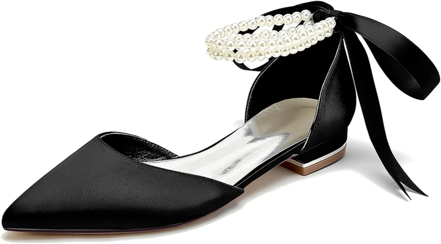 Minishion Beaded Wedding Flats Shoes for Women Girls Ankle Chain Evening Formal Pumps with Ribbon MS321
