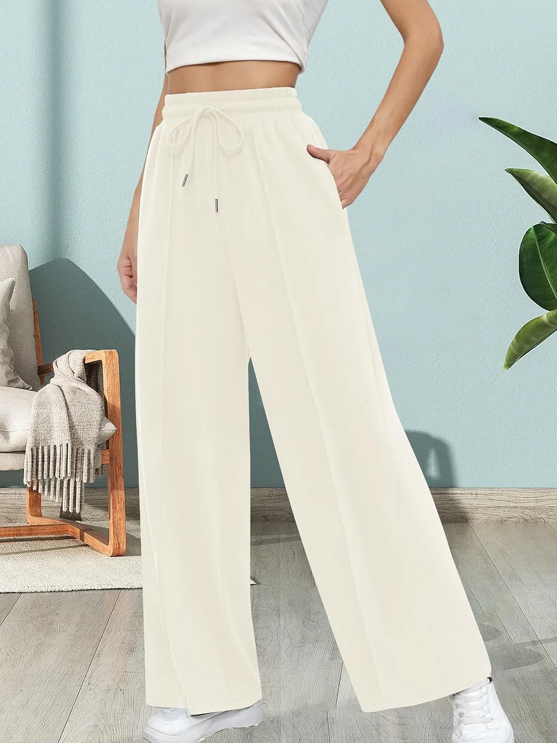 Missufe Women's Elastic High Waist Wide Leg Loose Casual Pants Joggers Workout Lounge Sweatpants with Pockets