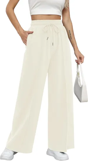 Missufe Women's Elastic High Waist Wide Leg Loose Casual Pants Joggers Workout Lounge Sweatpants with Pockets